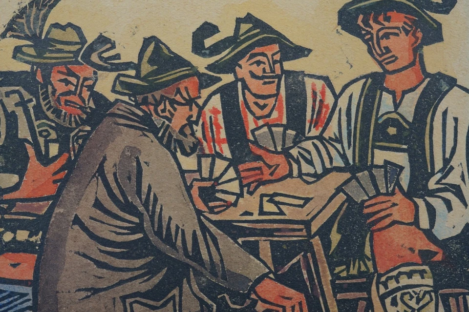 Kartenspieler Farbholzschnitt Tirol signiert - Bild 2 von 4