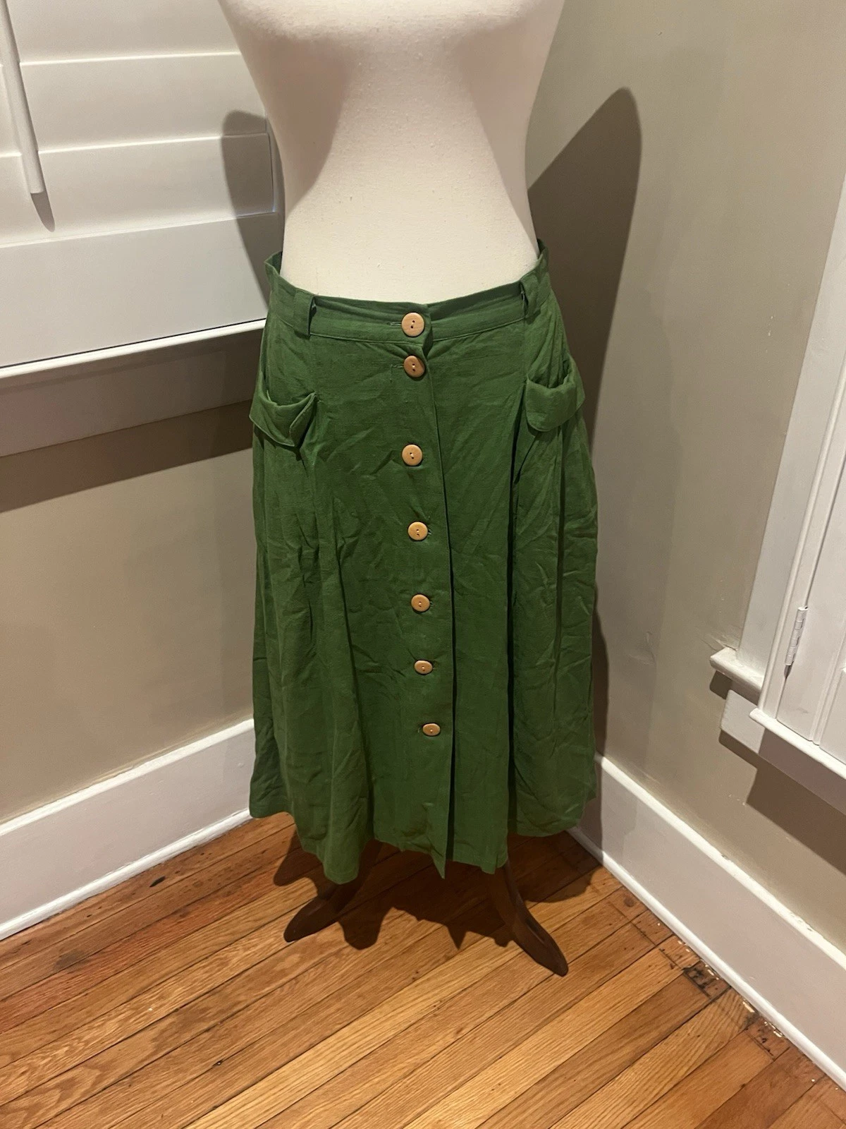 Modcloth Green Linen Blend Button Front Pleated Back A-Line Midi Skirt- Size 8