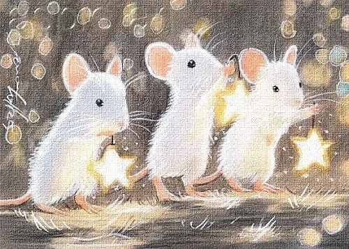 ACEO print ltd edition white mice, lantern parade by Anna Hoff Germany