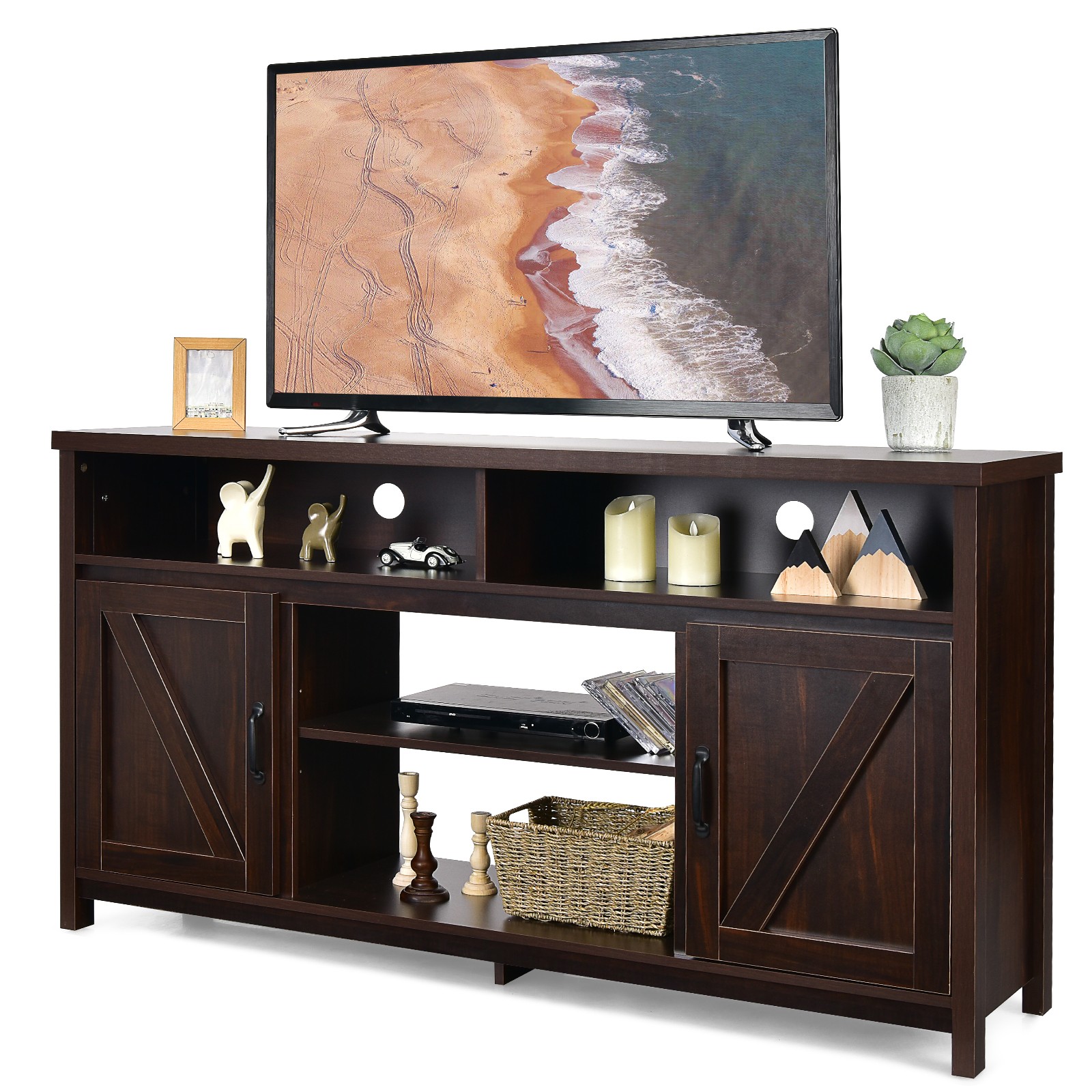 Media Center Console Cabinet W/ Barn Door For Tv's 65" Coffe