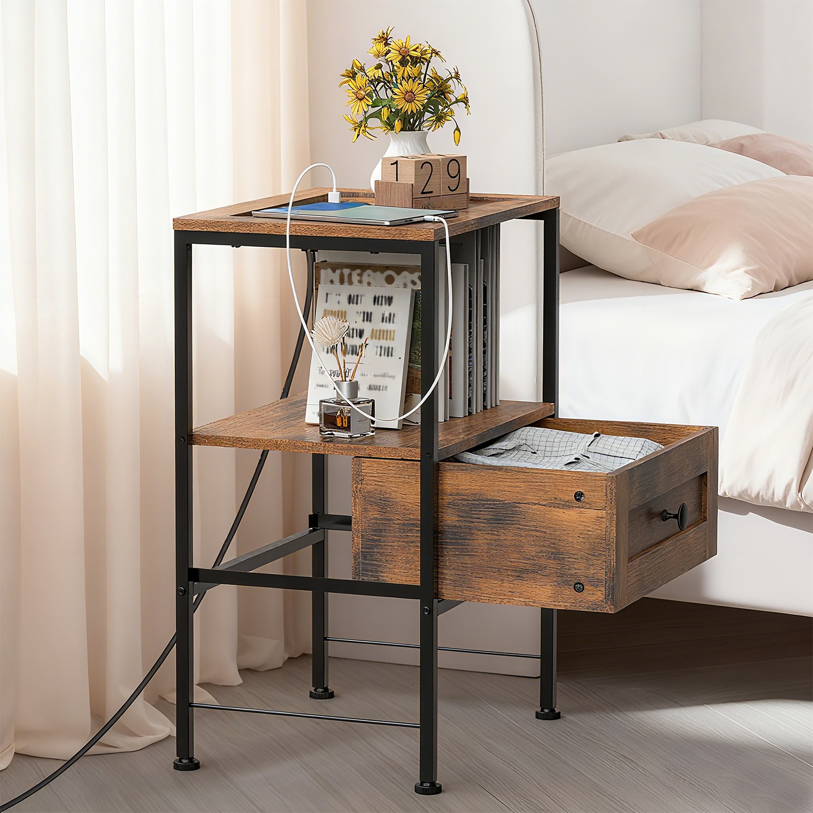 Nightstand with USB Charging Station, Wood Drawers for Bedroom Living Room Home