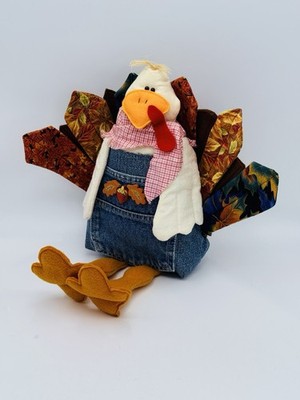 Thanksgiving Turkey Plush Décor   Fall Harvest Fabric & Denim Overalls 16 