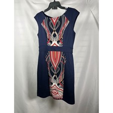 Studio One New York Navy Blue Geometric Print Cap Sleeve Sheath Dress Size 10