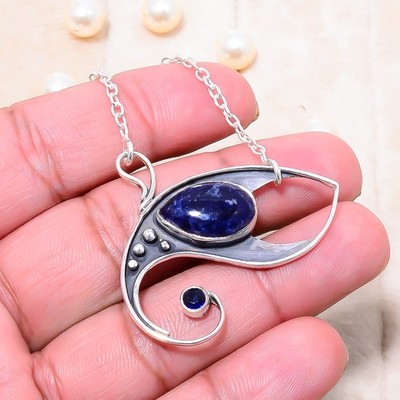 Sodalite & Blue Sapphire 925 Sterling Silver Chain Pendant 19-23'' Cp10308110032