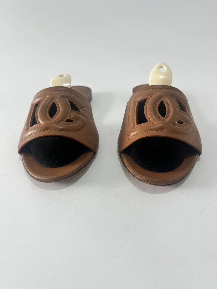 Dolce & Gabbana Brown Leather DG Millennials Flat Slides Size 38.5 EU/8.5 US - Image 3 of 4