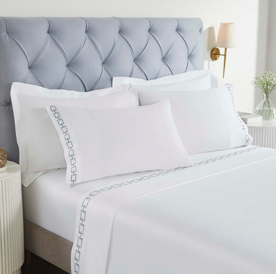 Embroidered Cotton Bed Sheet Set, 1 Elastic Deep Pocket Fitted Sheet, 1 Flat She