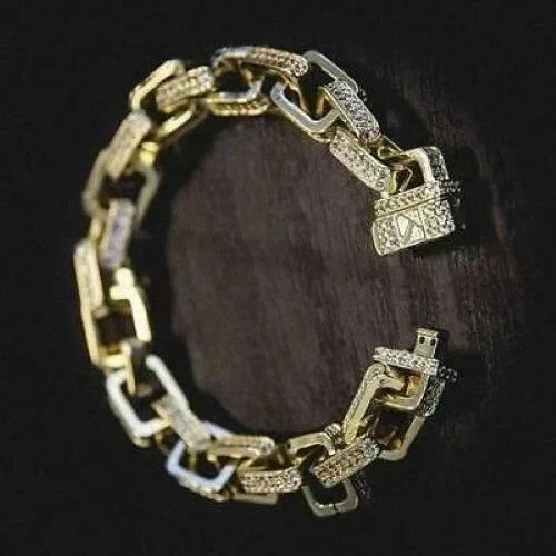 10CT Round Cut Lab Created Diamond Mens Cuban Bracelet 14K Yellow Gold Finish 8" - Image 3 of 3