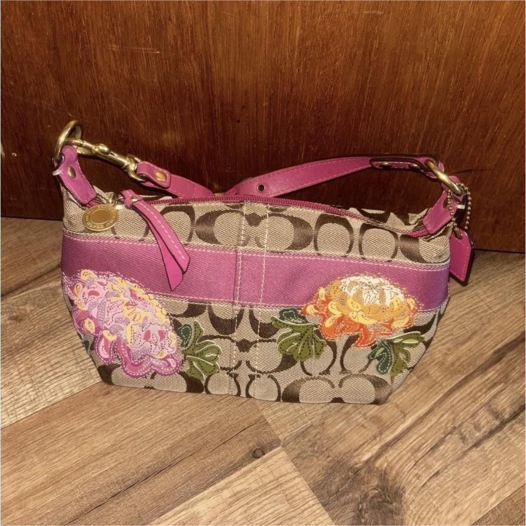 Coach Pink Floral Applique Logo Shoulder Bag Brown Canvas Leather