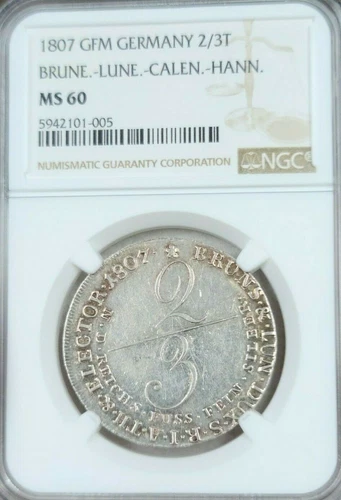 1807 GERMANY SILVER 2/3 THALER BRUNE LUNE CALEN HANN NGC MS 60 VERY SCARCE