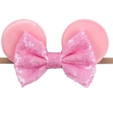 Baby Girls Minnie Mouse Ears Soft Headband with Pink Sequins Bow Handmade NEW