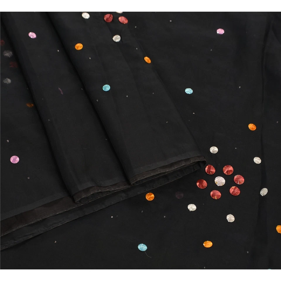 Saris indios de colección sánskriti arte seda con cuentas a mano tela negra lentejuelas sari Foto 3 de 4