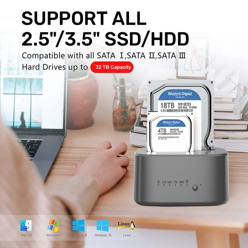 USB3.0 SATA Dockingstation 2.5/3.5" Dual-Schacht SSD HDD Docking, Offline-Klonen