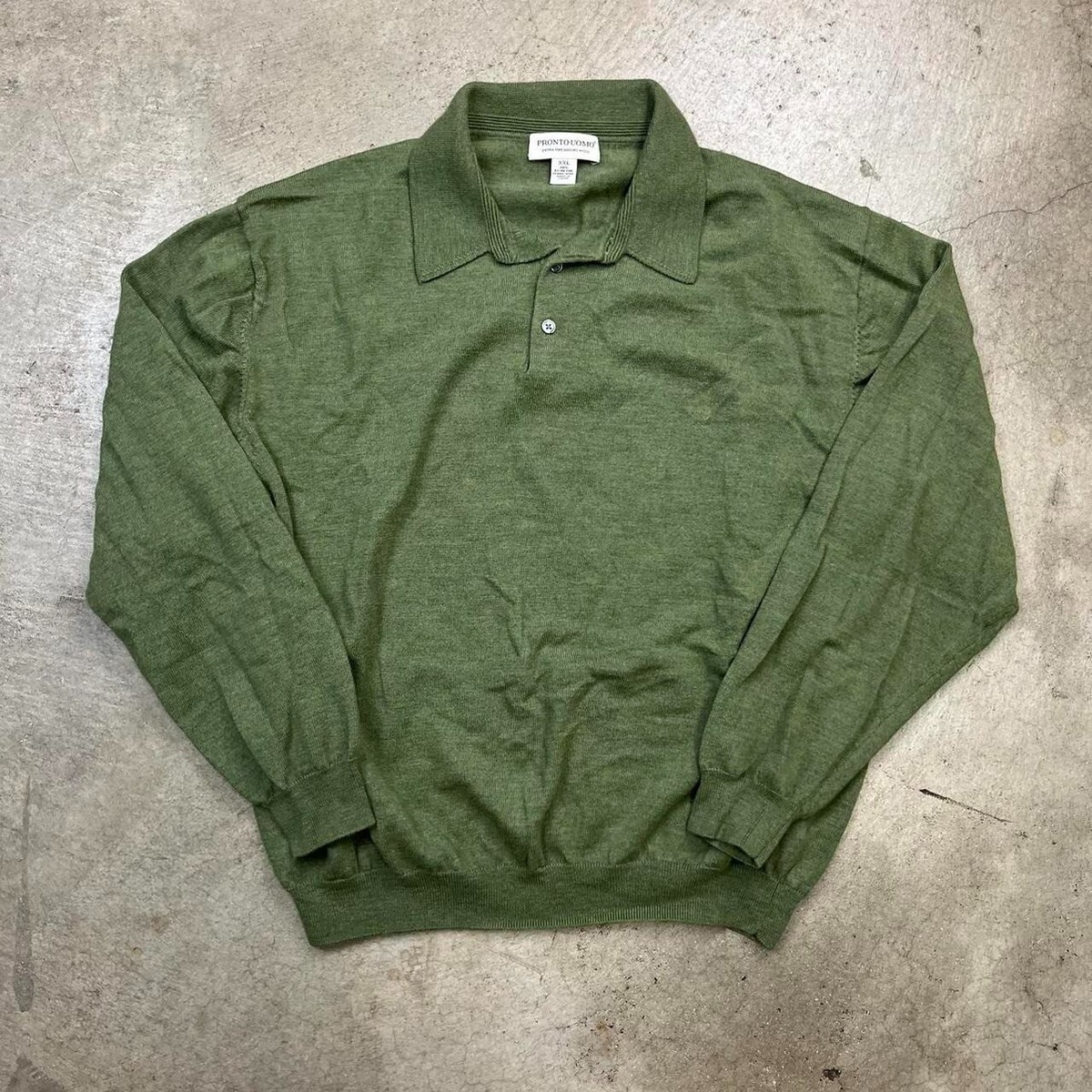 Vintage 100% merino wool knit polo shirt long sleeve green mens