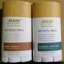 2 Raw Sugar Simply Deo Deodorant Sticks:  Santal & Verbana/Eucalyptus Fresh Mint