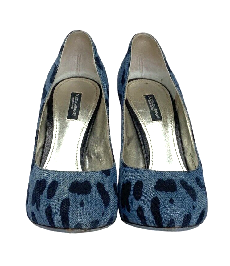 DOLCE & GABBANA Blue/Black Leopard Print Denim Wooden Heels Pumps