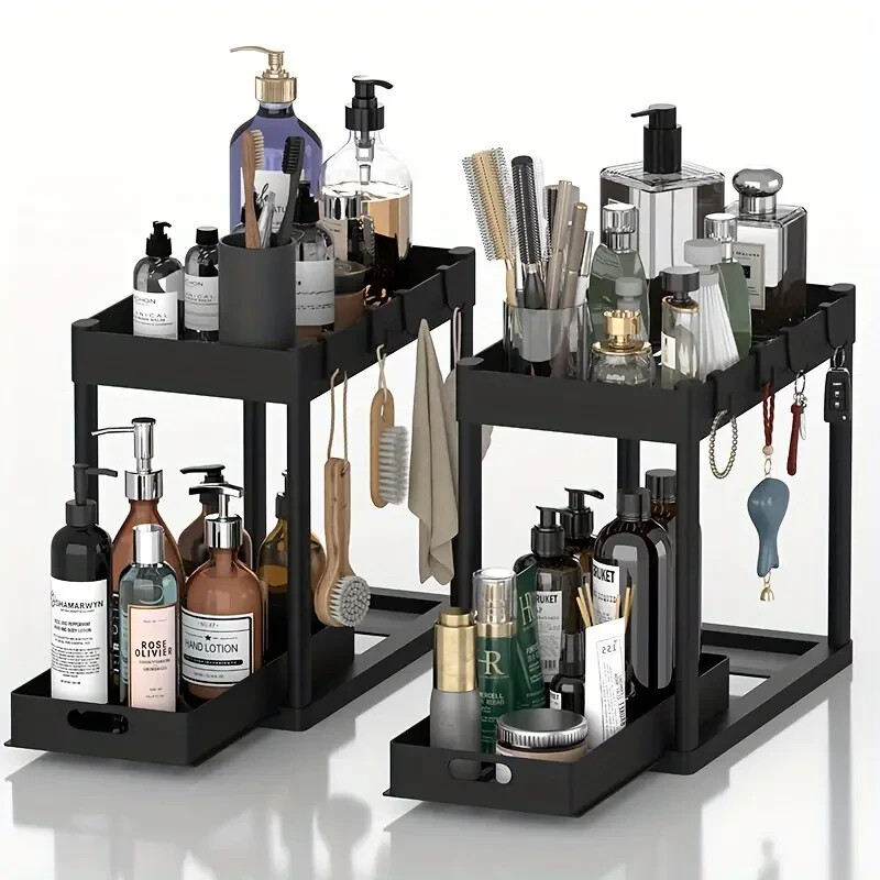 2PC Under Sink Organizer Rack 2Tier Under Sliding Cabinet BasketOrganizer Drawer