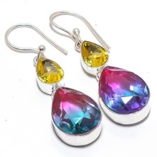 Pendiente de joyería de plata 925 con piedras preciosas de citrino y turmalina bicolor 2,0" R-2359