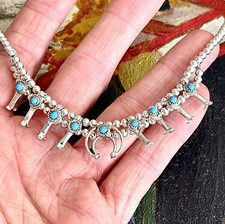 Baby Squash Blossom Necklace Signed LAR Larry Curley Navajo Turquoise Small USA