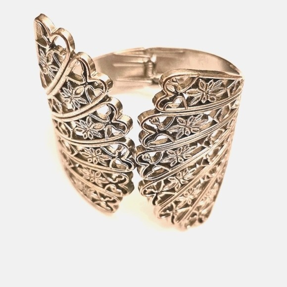 Silvertone Boho Cuff Spring Hinged Bracelet - image 1
