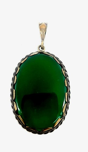 Antik Vintage großer ovaler grüner Onyx Anhänger Sterlingsilber #X811