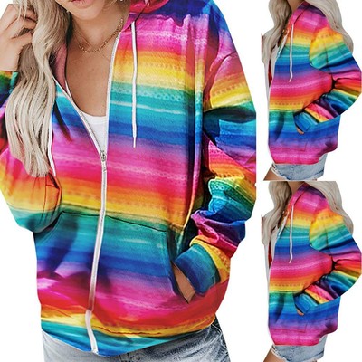 Uk Ladies Hoody Jacket Womens Rainbow Color Zip Up Hoodie Hooded Sweatshirt Tops Ebay