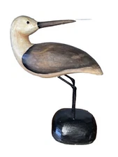 SANDPIPER METAL LEGS HAND CARVED WOOD TROPICAL SCULPTURE BIRD DECOR