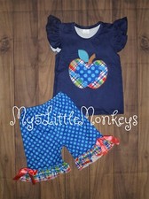 NEW Boutique Apple Back to School Girls Shorts Outfit Set