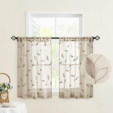 Taupe Sheer Kitchen Curtains 30x36" - Beige Leaf Embroidered Short Panels