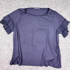 M&S Collection Navy Blue Size 18 Super Softblouse Frilled Sleeves Round Neck