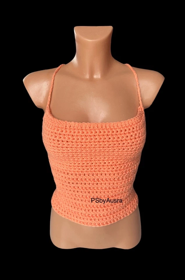 womans crochet top handmade summer open back PSbyAusra orange - Image 3 of 4