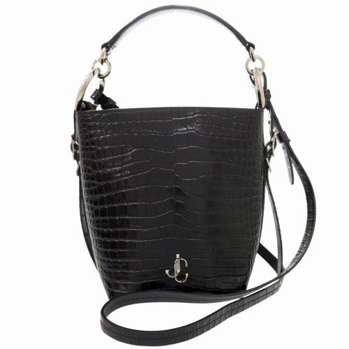AUTHENTIC JIMMY CHOO 2WAY Varenne Bucket Bag Shoulder Bag Black Embossed Lea...