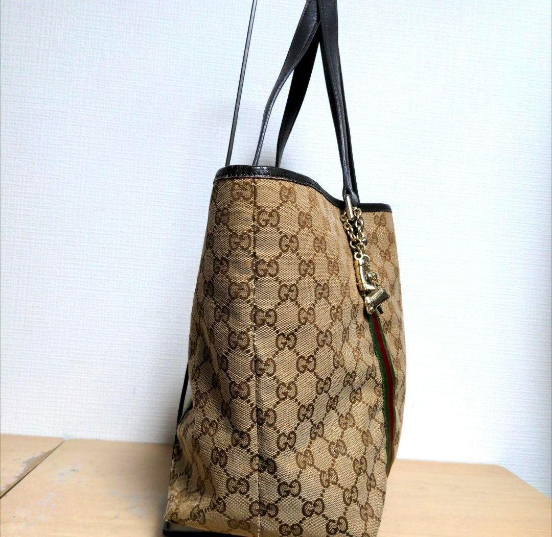 GUCCI Women's GG Canvas Tote Bag Leather Stripes Beige Authentic thumbnail 4