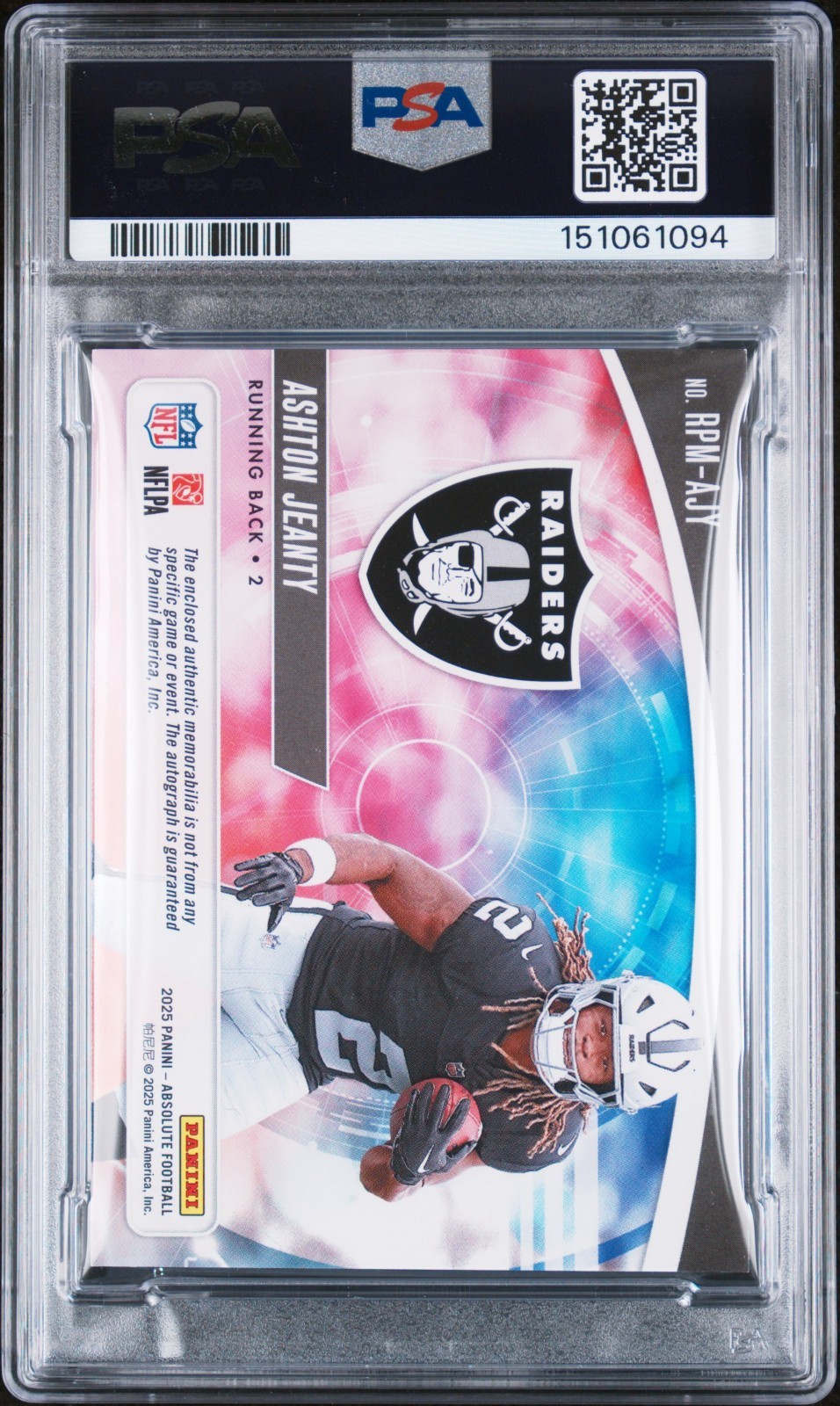 2025 Panini Absolute Rookie Premiere Material Auto Ashton Jeanty /399 PSA 8 view 2