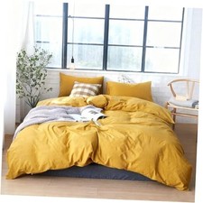 Duvet Cover Set 100 Washed Cotton Linen Like Textured Queen 90" x 90" Yellow