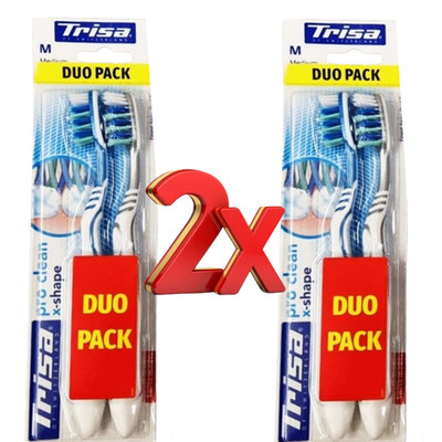 Trisa Pro Clean X-Shape Medium Bristle Blue & Silver Toothbrushes 2 x Duo Packs