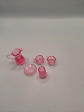 Vintage Translucent Pink Barbie Doll Dish Lot Plate Cups Kitchen Pitcher
