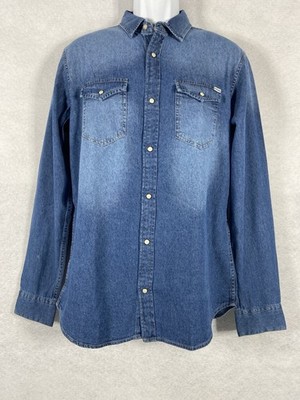 Jack Jones Denim Shirt Mens Large Blue Western Long Sleeve Button Up Pearl Snap