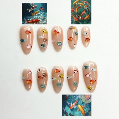Handmade Nude 3D Colorful Koi Fish Medium Almond Press on Nails