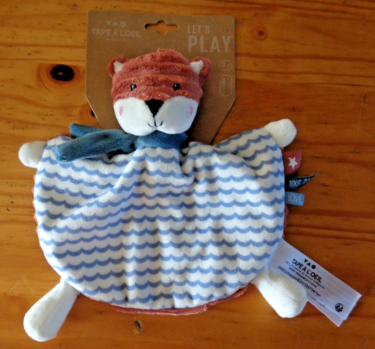 Doudou plat renard Tao Tape à l'Oeil marron blanc bleu pour bébé naissance