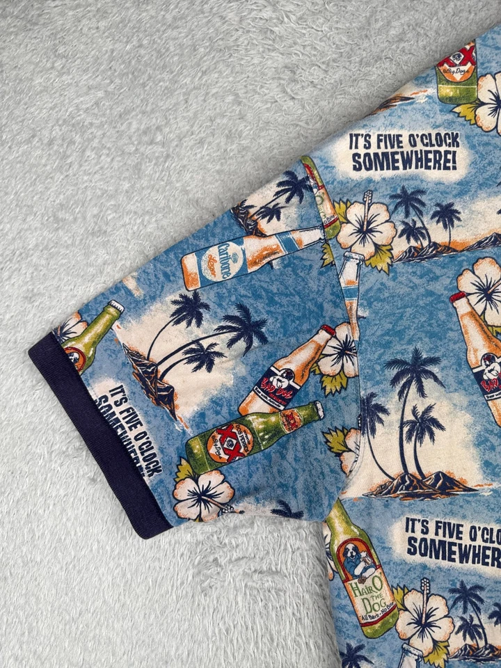 ВИНТАЖНЫЙ большой собак рубашка-поло взрослых 2XL XXL синий цветочный пиво ладони хлопок гавайский - Изображение 3 из 4