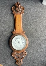 Antique Aneroid Barometer Carved Oak Case  & Porcelain Dial.  62cm Length