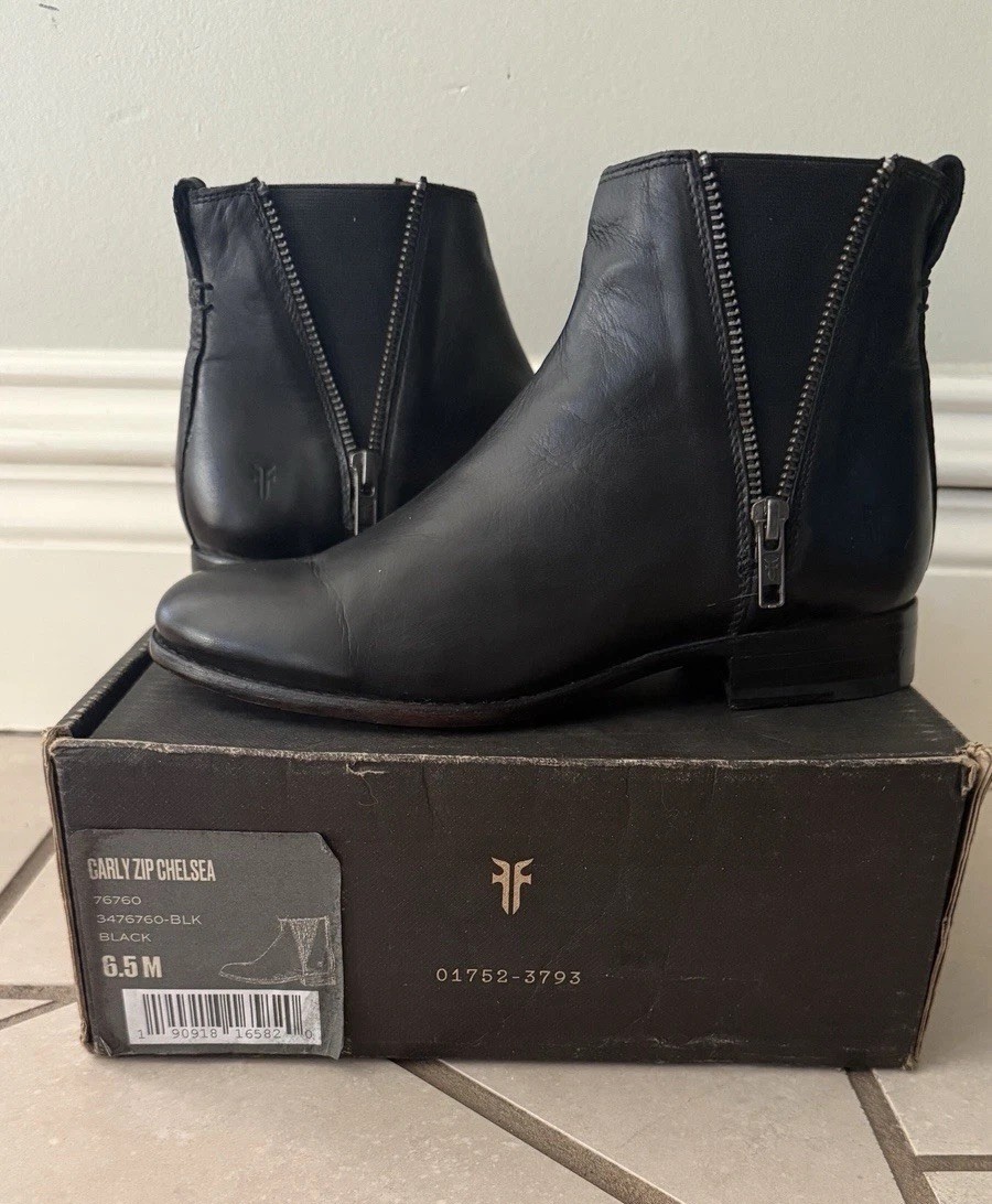 FRYE CARLY Zip Chelsea Ankle Boots 6.5M NEW Black Full Grain