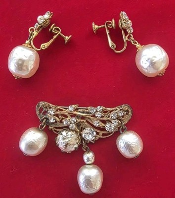 Vintage Miriam Haskell Faux Pearl BROOCH & EARRINGS Signed JEWELRY LOT FABULOUS 