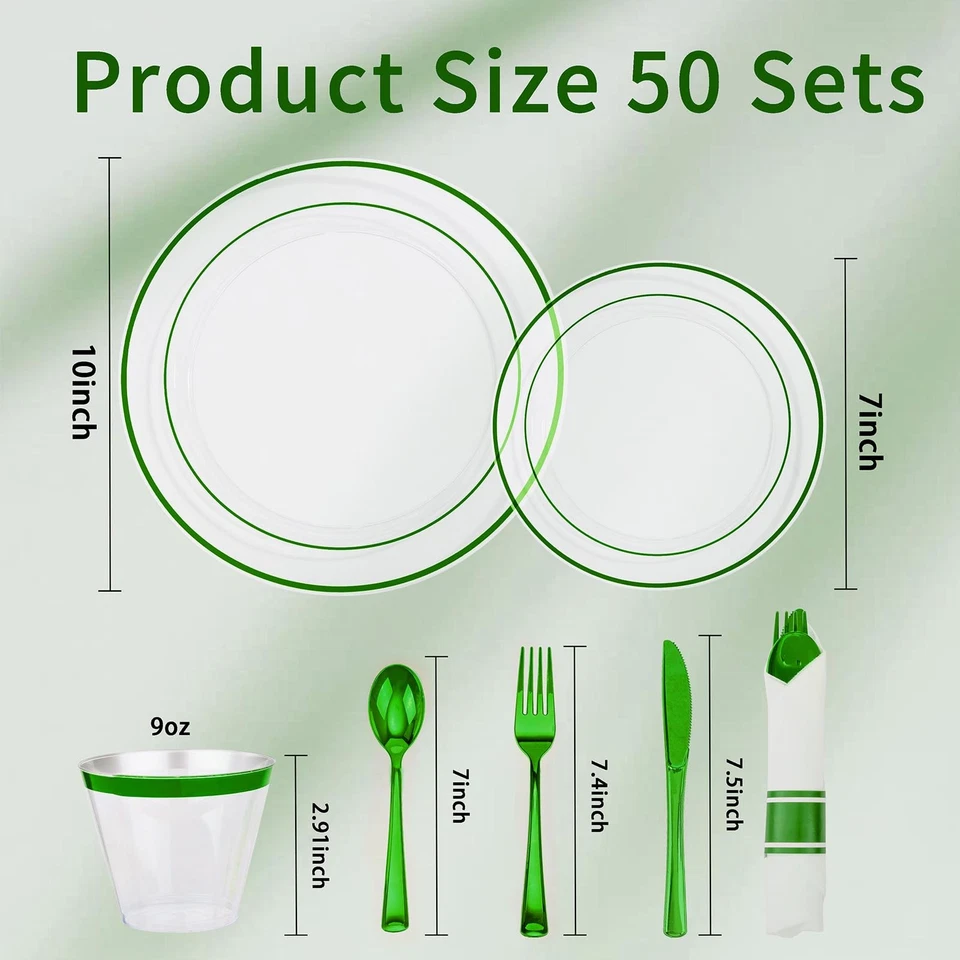 350 шт. зеленый пластиковый набор столовой посуды для 50 гостей тарелки чашки салфетки - Изображение 3 из 4