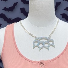 Brass Knuckles Necklace - Y2K Punk Scene Emo Silver Glitter Acrylic