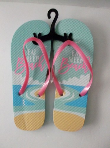 Women's Flip Flops With Print On Slippers " EAT, SLEEP, BEACH" Size 7/8 M - Picture 4 of 5