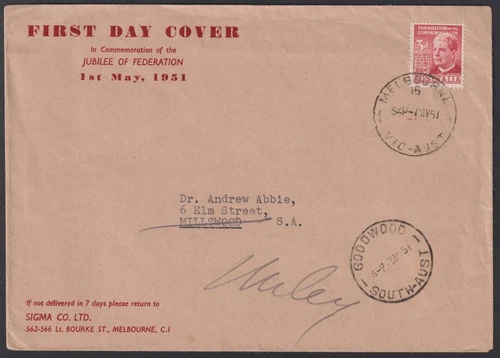 AUSTRALIA  - 1954 3d FEDERATION Sigma FDC    GU [E2845]