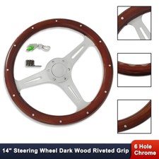 14 3 Spokes Slotted 6 Holes Steering Wheel Dark Wood Riveted Grip Horn Button 14 3 Spokes Slotted 6 Holes Steering Wheel Dark Wood Riveted Grip Horn Button