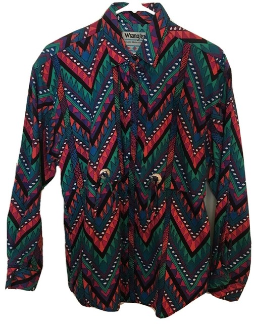 Vntg 1970s Wrangler Aztec Western Women's Button Down Shirt Size Medium