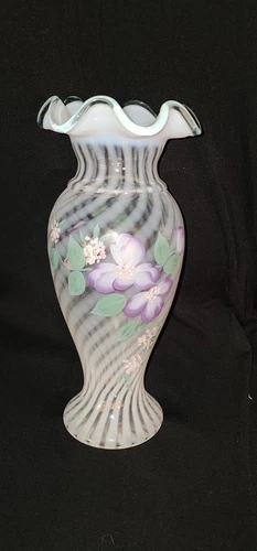 Fenton 1991 Artist Signed Champagne Satin 11" Martha's Rose Pattern Vase